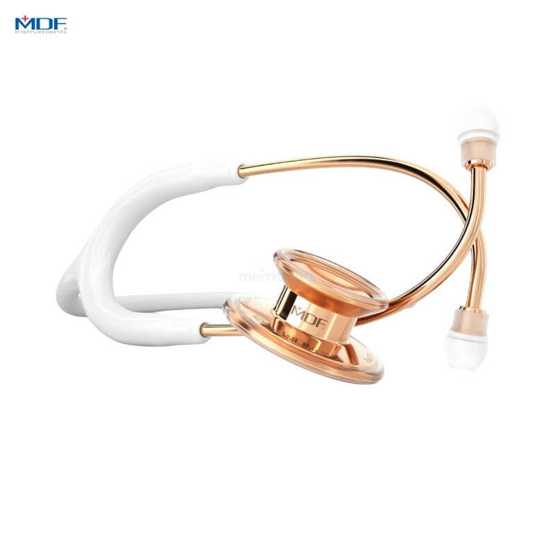 an MDF Instruments rose gold stethoscope on a white background